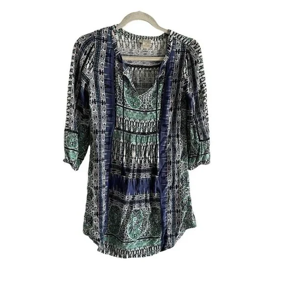 Lucky Brand Wmn SZ XS Blue/Green/White Boho Tunic Style Tie Neckline Short Dress - Picture 1 of 11